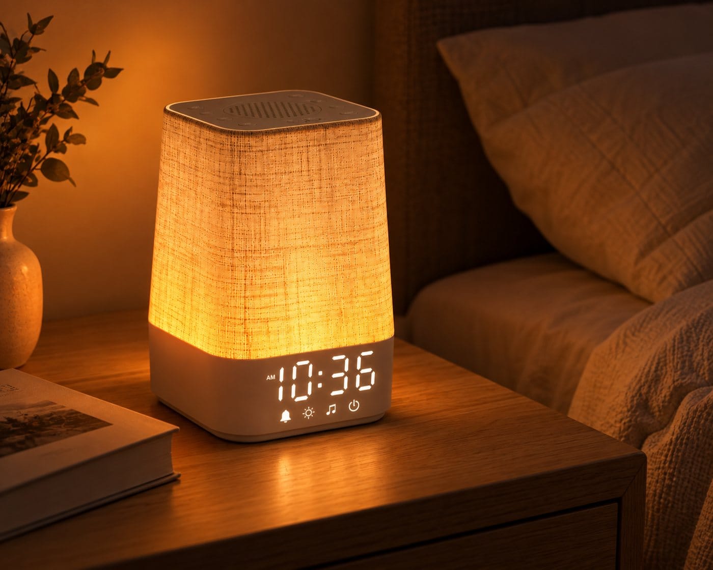 Le réveil allumé le soir sur une table de chevet